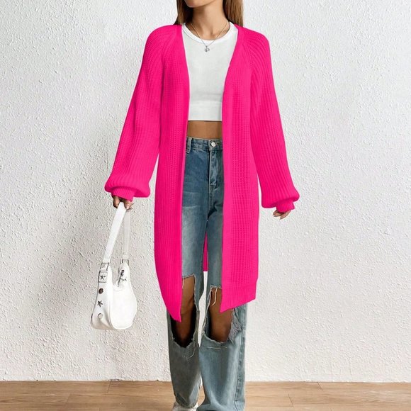 Pink Casual Womens Solid Raglan Sleeve Duster Cardigan - Picture 2 of 5